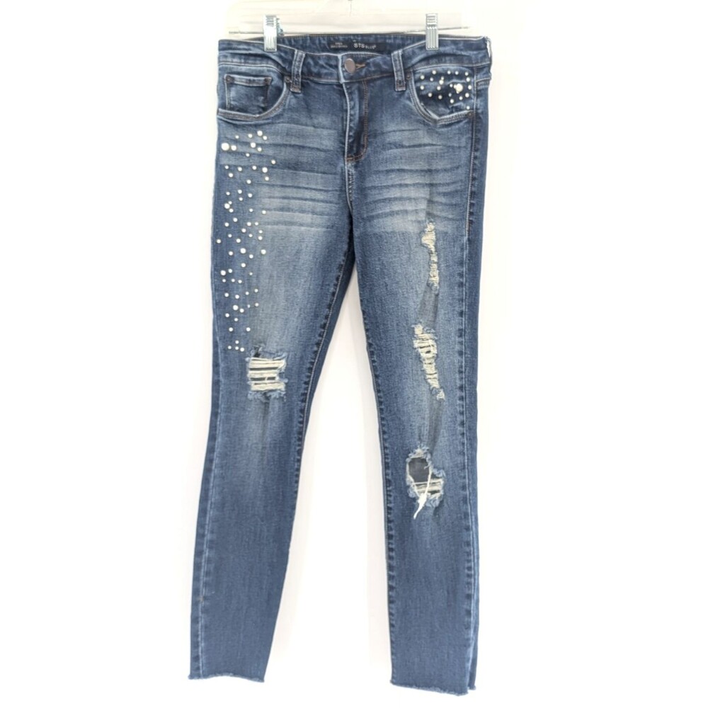 STS Blue Piper Ankle Skinny Pearls Distressed Midrise Frayed Hem Jeans Size 29